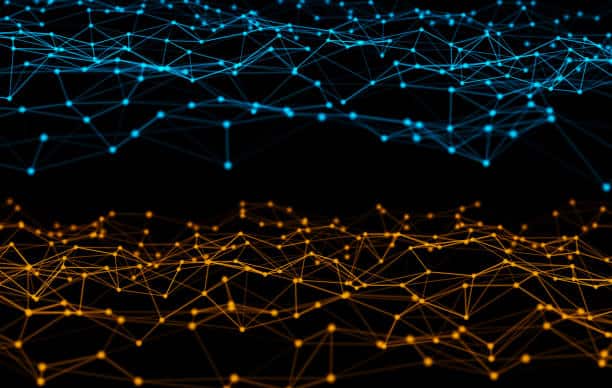 Abstract digital network with glowing blue and orange points connected by lines, resembling DNSDB Plus Sign Wildcard queries, forming two dynamic, wavy mesh layers on a black background.